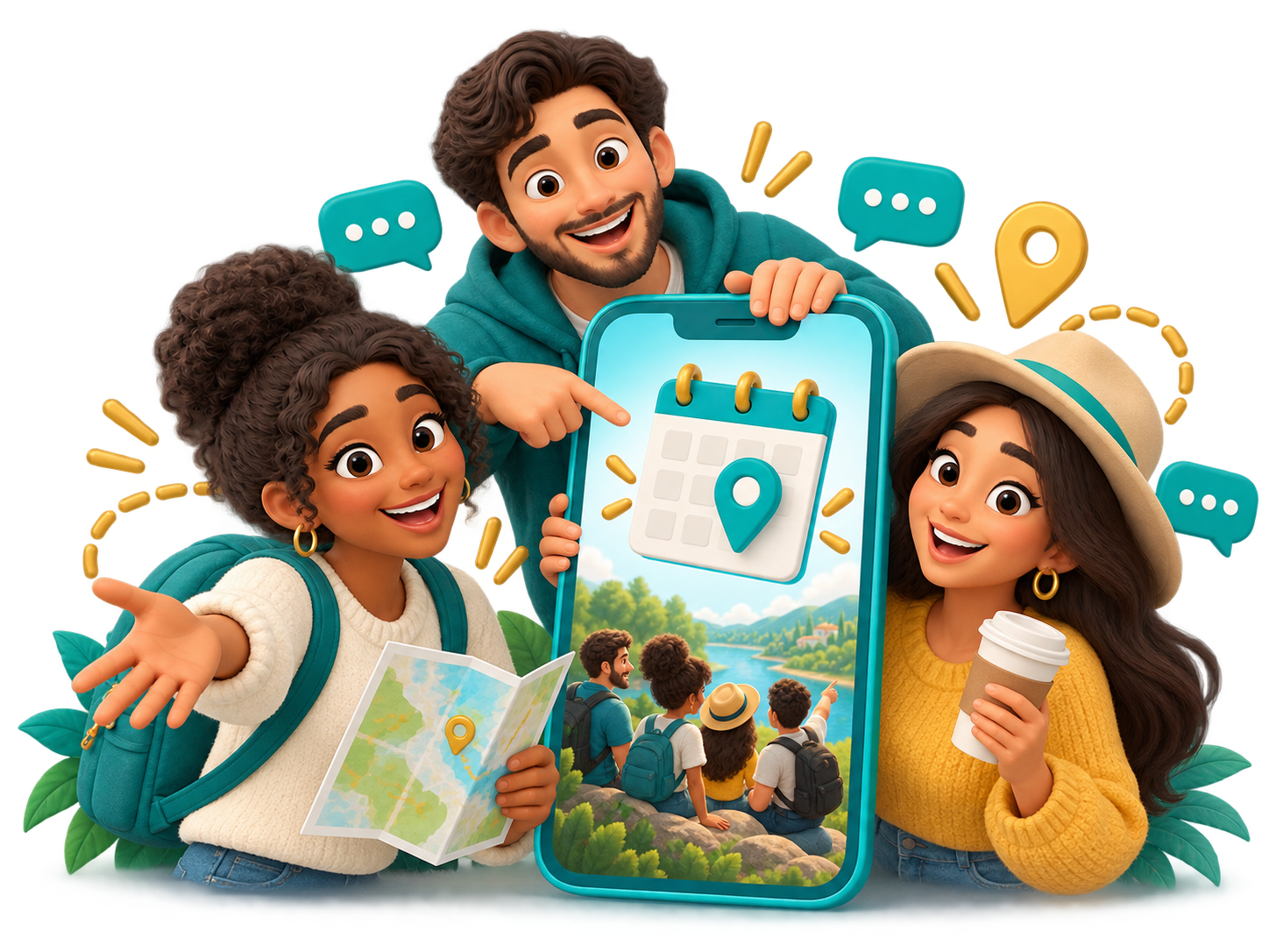 Amigos alrededor de un móvil, listos para compartir una nueva aventura.